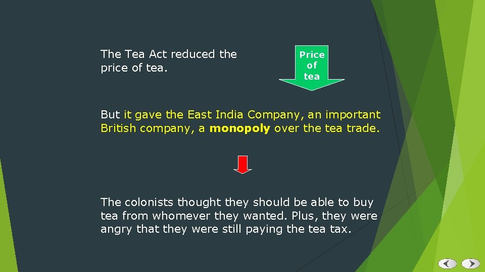 The Tea Act reduced the price of tea. Price of tea But it gave