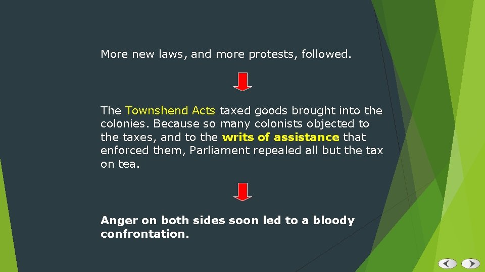 More new laws, and more protests, followed. The Townshend Acts taxed goods brought into