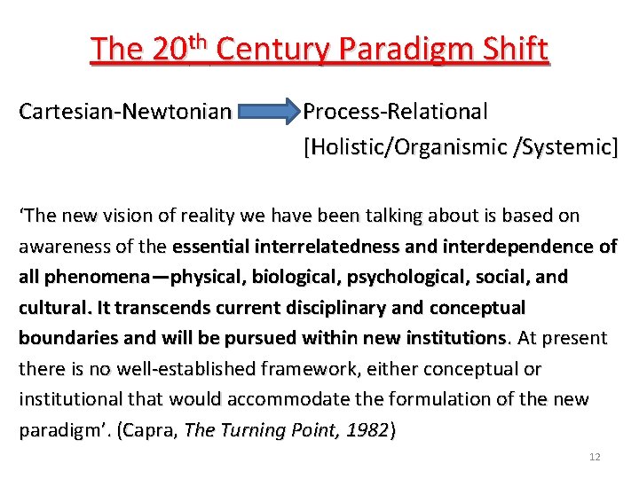 The 20 th Century Paradigm Shift Cartesian-Newtonian Process-Relational [Holistic/Organismic /Systemic] ‘The new vision of