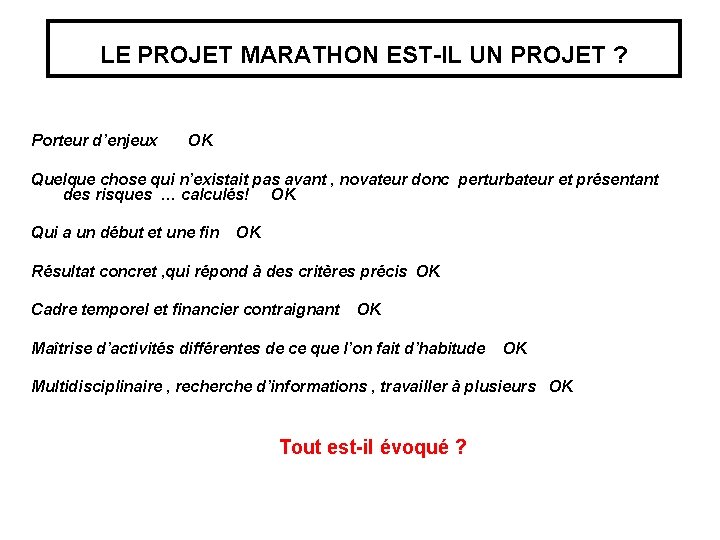 LE PROJET MARATHON EST-IL UN PROJET ? Porteur d’enjeux OK Quelque chose qui n’existait