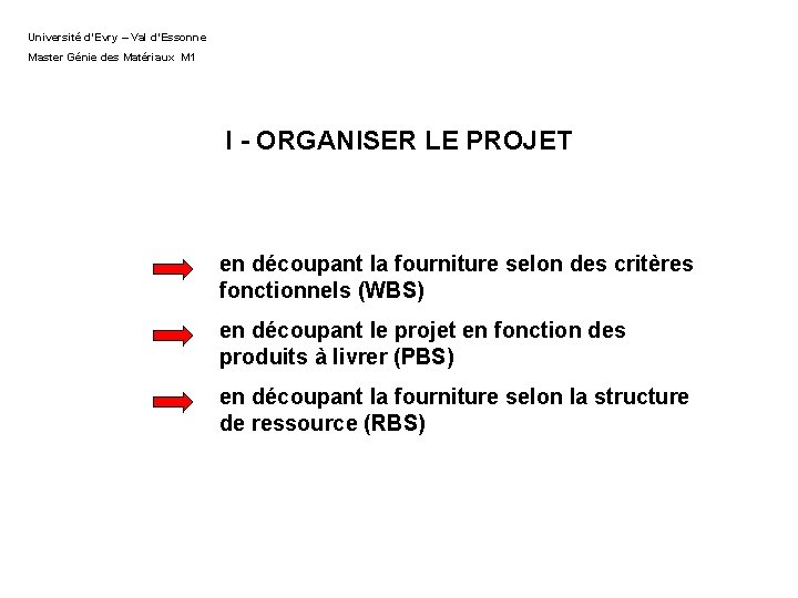 Université d’Evry – Val d’Essonne Master Génie des Matériaux M 1 I - ORGANISER