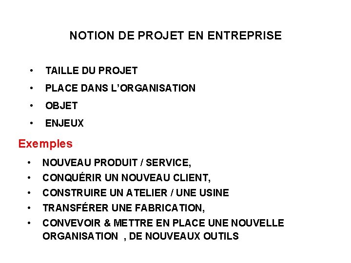 NOTION DE PROJET EN ENTREPRISE • TAILLE DU PROJET • PLACE DANS L’ORGANISATION •