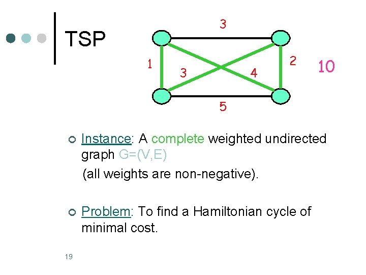 3 TSP 1 3 4 2 10 5 ¢ Instance: A complete weighted undirected 3 TSP 1 3 4 2 10 5 ¢ Instance: A complete weighted undirected