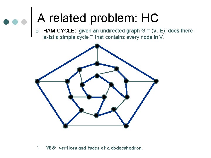 A related problem: HC ¢ 2 HAM-CYCLE: given an undirected graph G = (V, A related problem: HC ¢ 2 HAM-CYCLE: given an undirected graph G = (V,