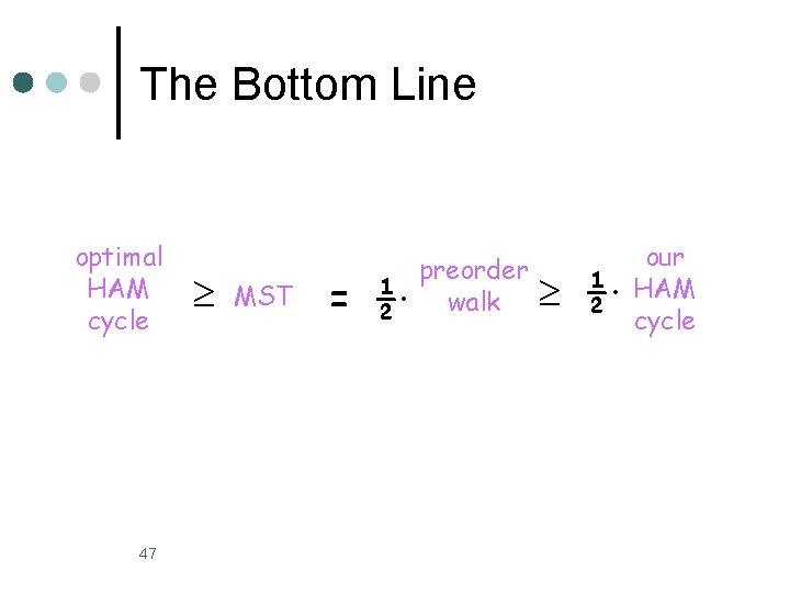 The Bottom Line optimal HAM cycle 47 MST = ½· preorder walk ½· our The Bottom Line optimal HAM cycle 47 MST = ½· preorder walk ½· our