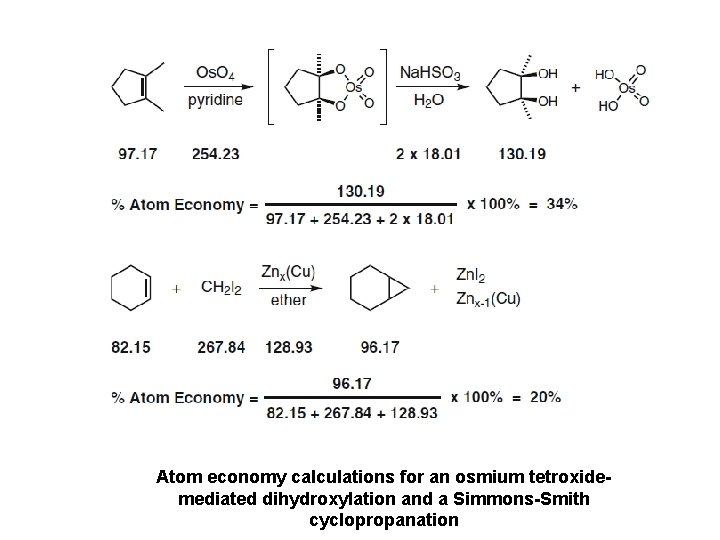 Atom economy calculations for an osmium tetroxidemediated dihydroxylation and a Simmons-Smith cyclopropanation 