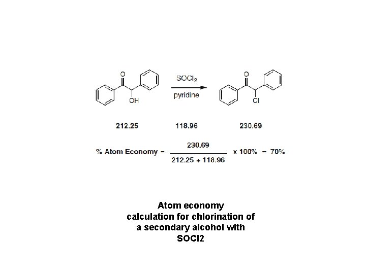 Atom economy calculation for chlorination of a secondary alcohol with SOCl 2 