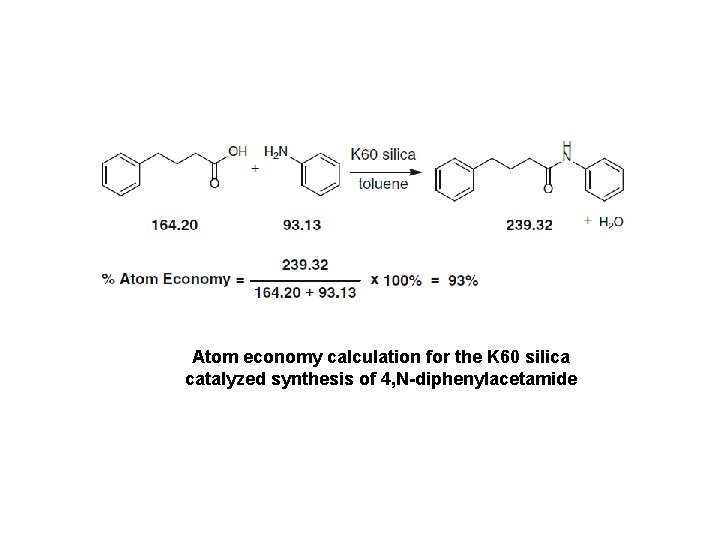 Atom economy calculation for the K 60 silica catalyzed synthesis of 4, N-diphenylacetamide 