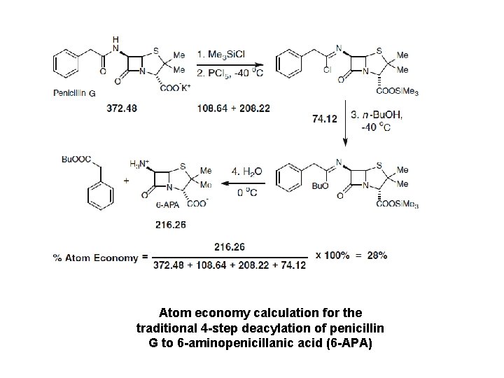 Atom economy calculation for the traditional 4 -step deacylation of penicillin G to 6