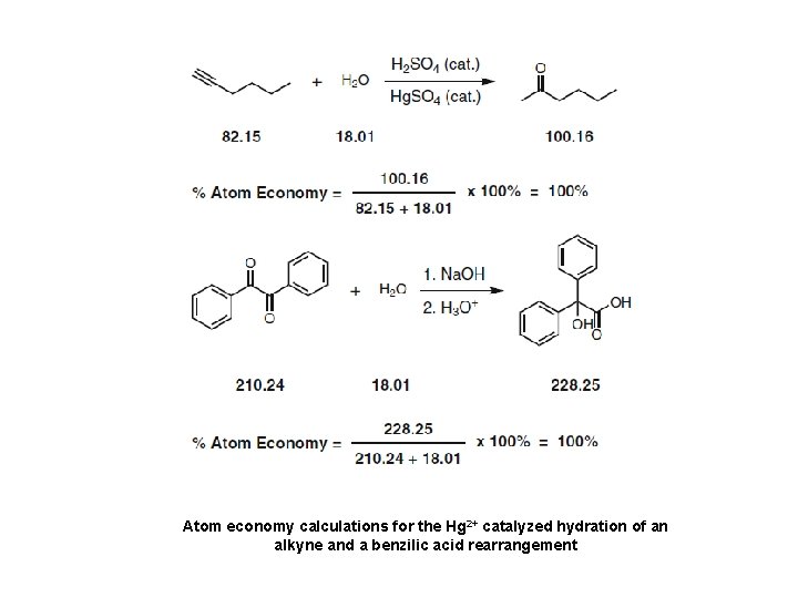 Atom economy calculations for the Hg 2+ catalyzed hydration of an alkyne and a