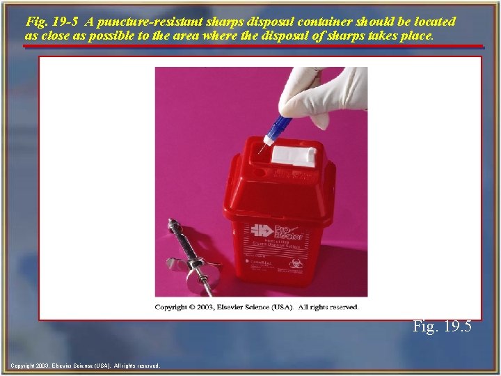 Fig. 19 -5 A puncture-resistant sharps disposal container should be located as close as