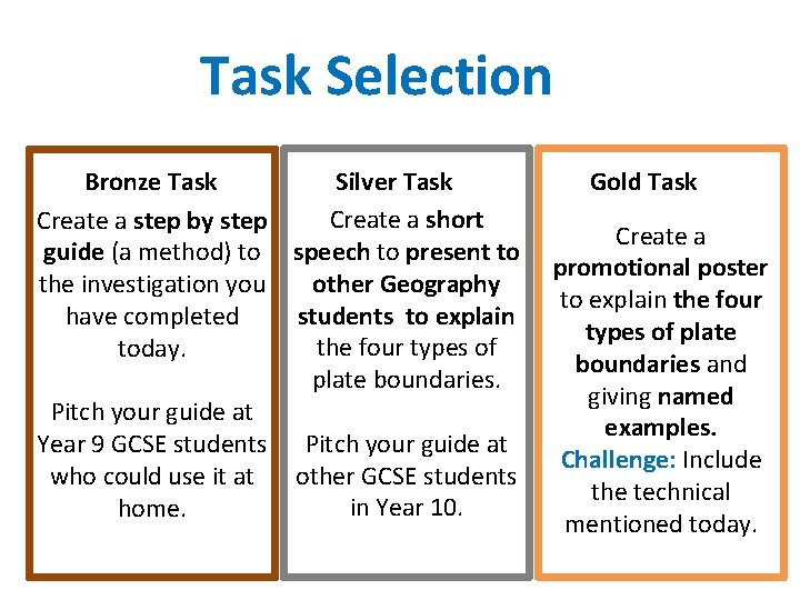 Task Selection Bronze Task Silver Task Create a short Create a step by step