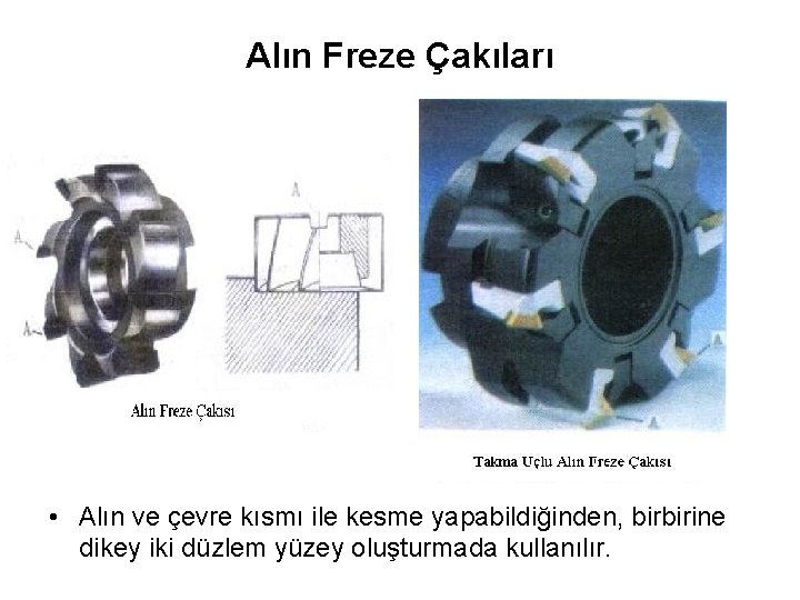 Alın Freze Çakıları • Alın ve çevre kısmı ile kesme yapabildiğinden, birbirine dikey iki