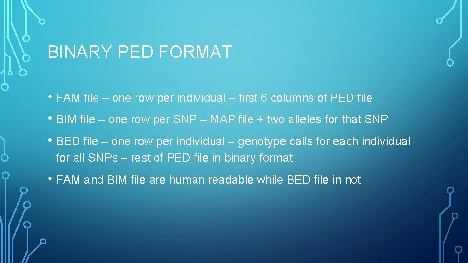 BINARY PED FORMAT • FAM file – one row per individual – first 6