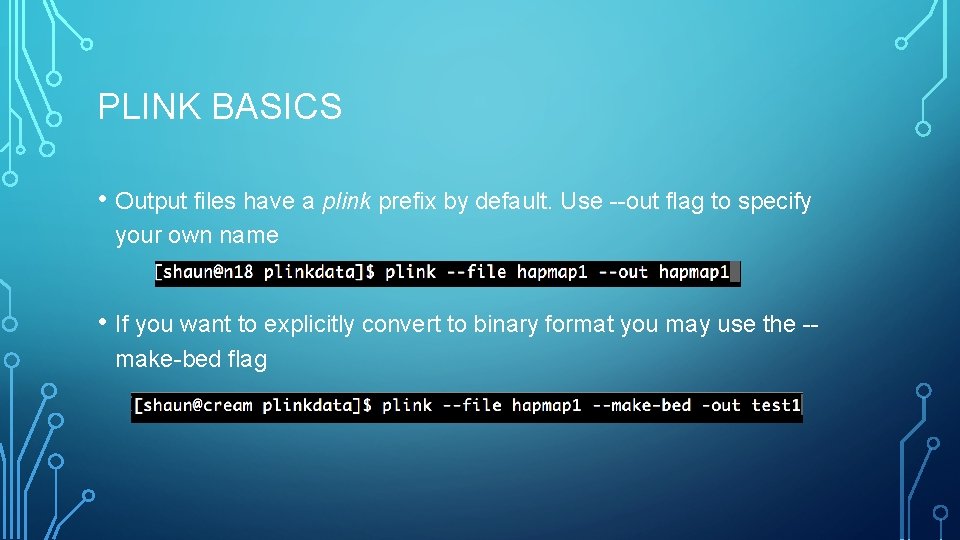 PLINK BASICS • Output files have a plink prefix by default. Use --out flag