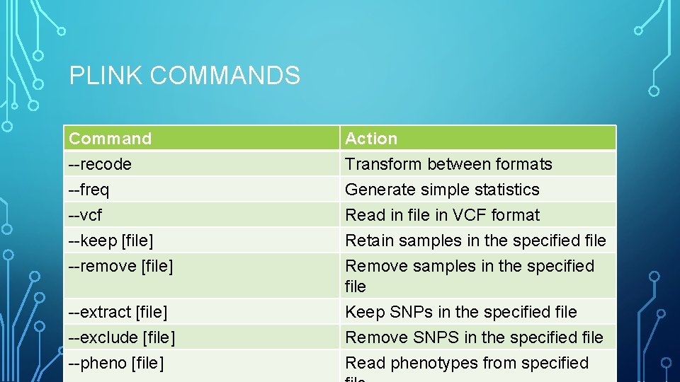 PLINK COMMANDS Command --recode --freq --vcf --keep [file] --remove [file] --extract [file] --exclude [file]