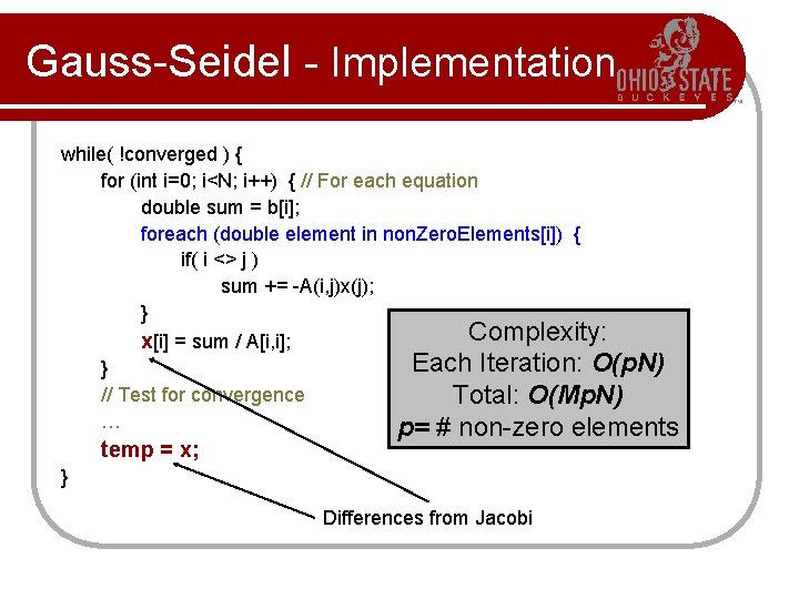 Gauss-Seidel - Implementation while( !converged ) { for (int i=0; i<N; i++) { //