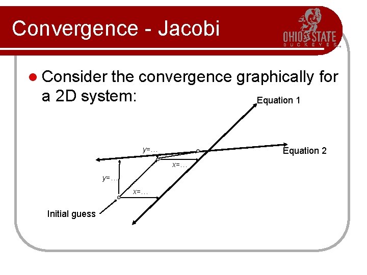 Convergence - Jacobi l Consider the convergence graphically for a 2 D system: Equation