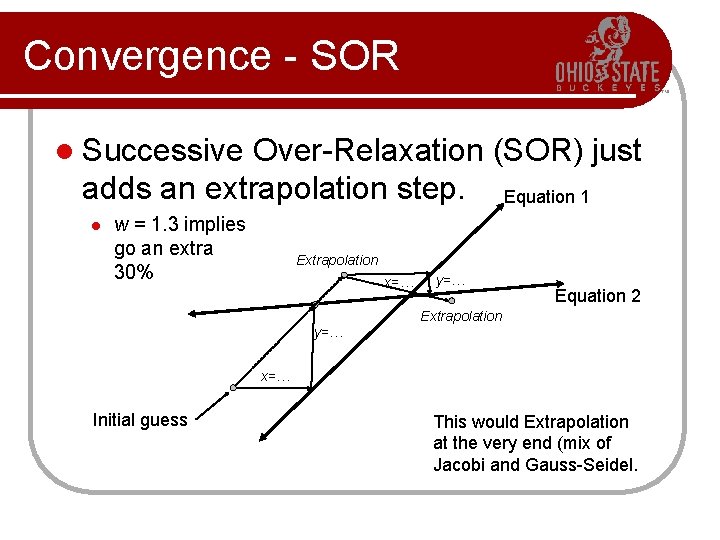 Convergence - SOR l Successive Over-Relaxation (SOR) just adds an extrapolation step. Equation 1