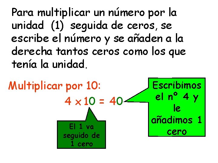 Para multiplicar un número por la unidad (1) seguida de ceros, se escribe el