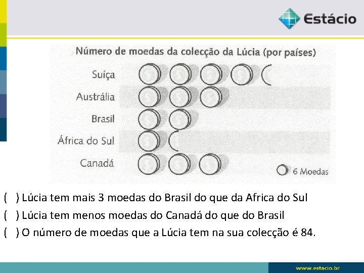 ( ) Lúcia tem mais 3 moedas do Brasil do que da Africa do ( ) Lúcia tem mais 3 moedas do Brasil do que da Africa do