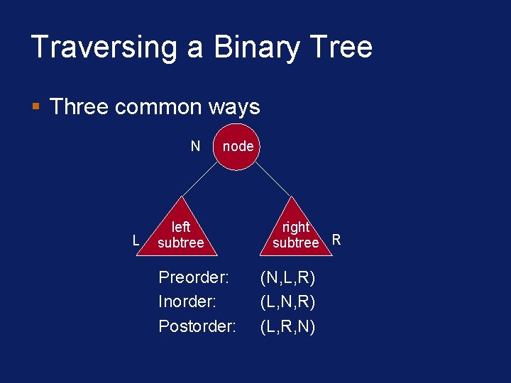 Traversing a Binary Tree § Three common ways N L node left subtree Preorder: Traversing a Binary Tree § Three common ways N L node left subtree Preorder: