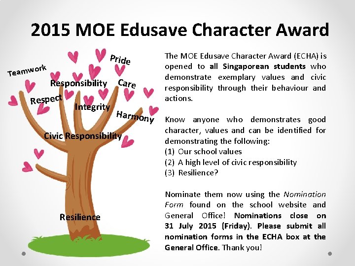 2015 MOE Edusave Character Award Pride ork Teamw Responsibility Care Respect Integrity Harmon y