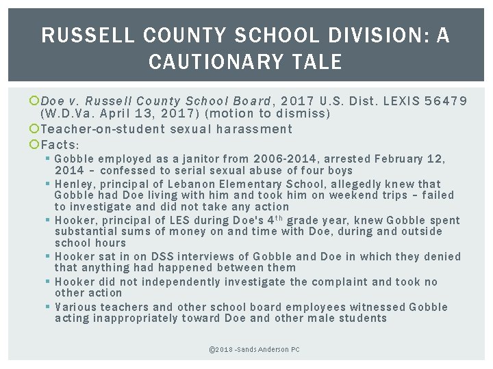 RUSSELL COUNTY SCHOOL DIVISION: A CAUTIONARY TALE Doe v. Russell County School Board, 2017