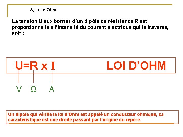 3) Loi d’Ohm La tension U aux bornes d’un dipôle de résistance R est