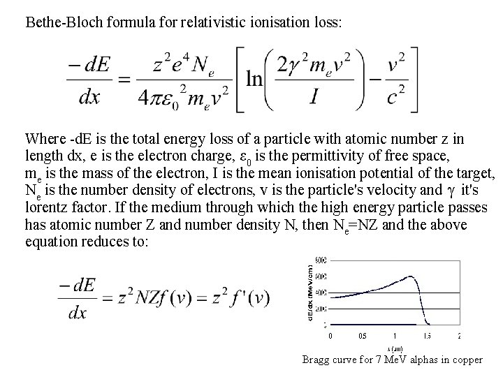 Bethe-Bloch formula for relativistic ionisation loss: Where -d. E is the total energy loss