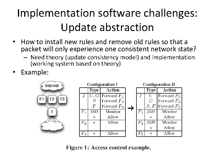 Implementation software challenges: Update abstraction • How to install new rules and remove old