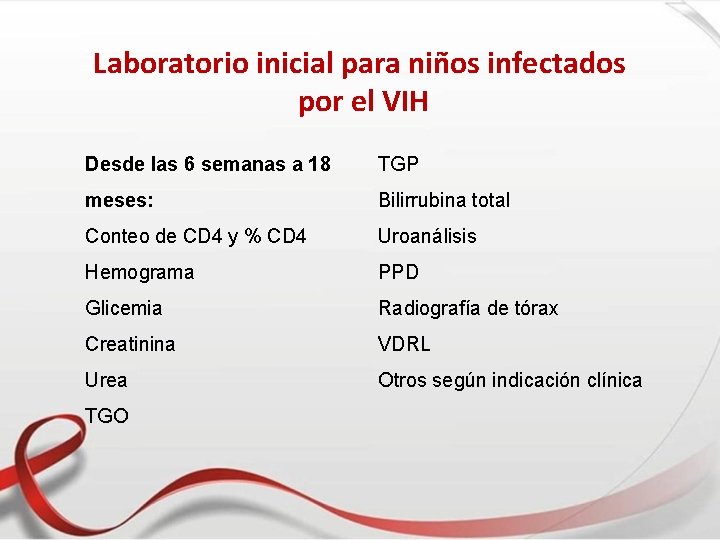 Laboratorio inicial para niños infectados por el VIH Desde las 6 semanas a 18