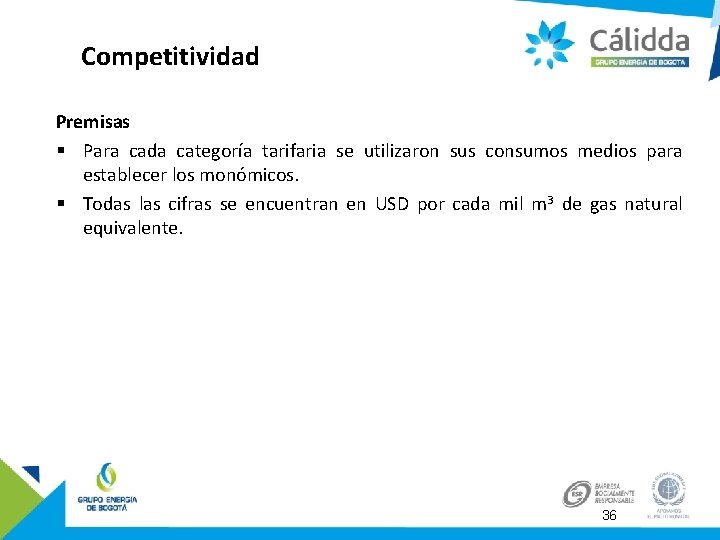 Competitividad Premisas § Para cada categoría tarifaria se utilizaron sus consumos medios para establecer
