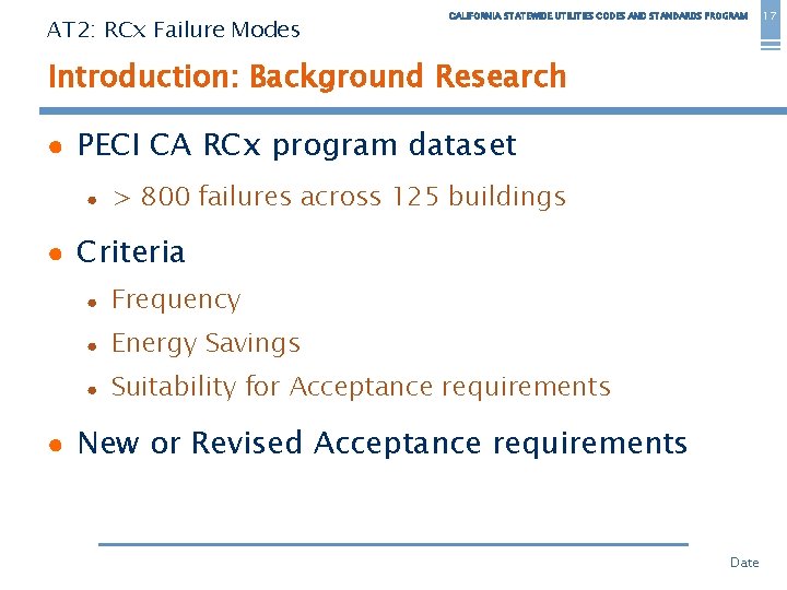 AT 2: RCx Failure Modes CALIFORNIA STATEWIDE UTILITIES CODES AND STANDARDS PROGRAM Introduction: Background