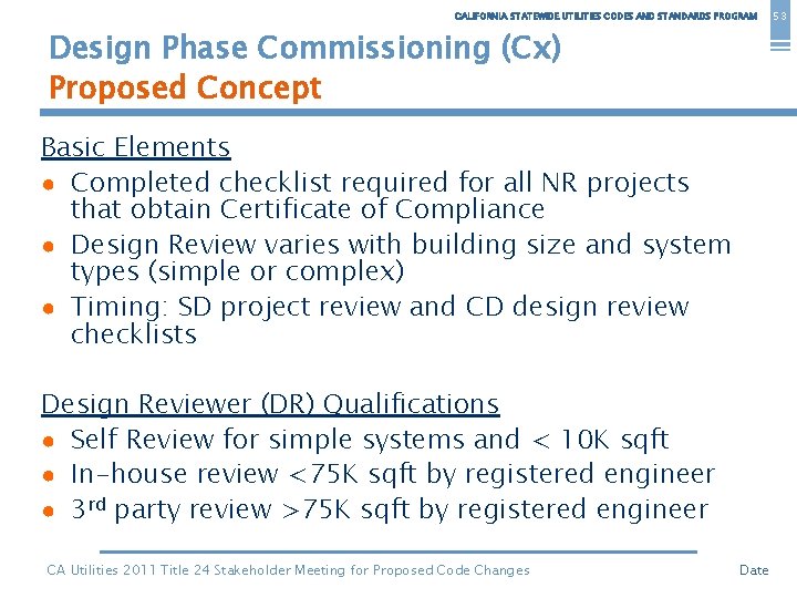 CALIFORNIA STATEWIDE UTILITIES CODES AND STANDARDS PROGRAM Design Phase Commissioning (Cx) Proposed Concept Basic