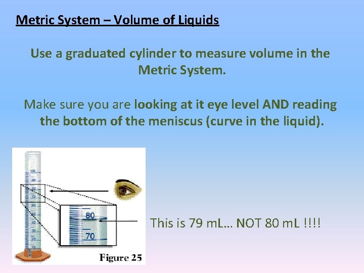 Metric System – Volume of Liquids Use a graduated cylinder to measure volume in