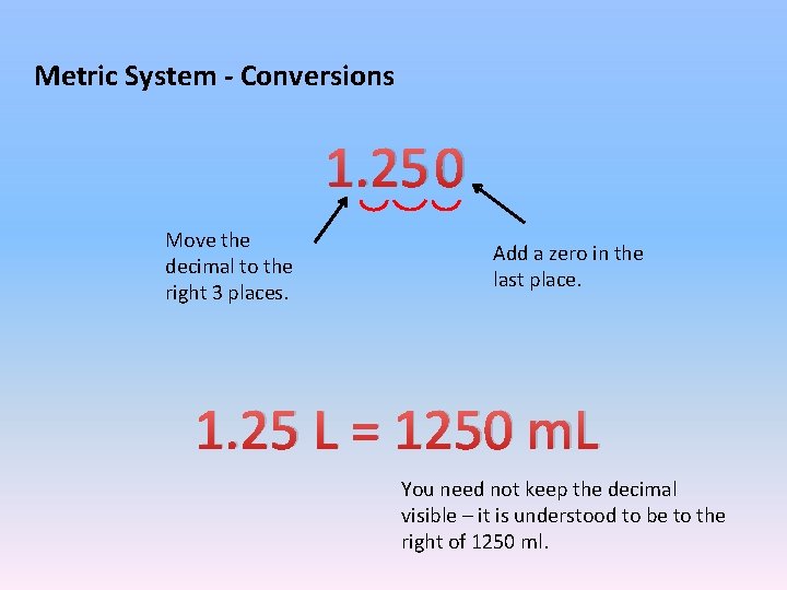 Metric System - Conversions 1. 250 Move the decimal to the right 3 places.