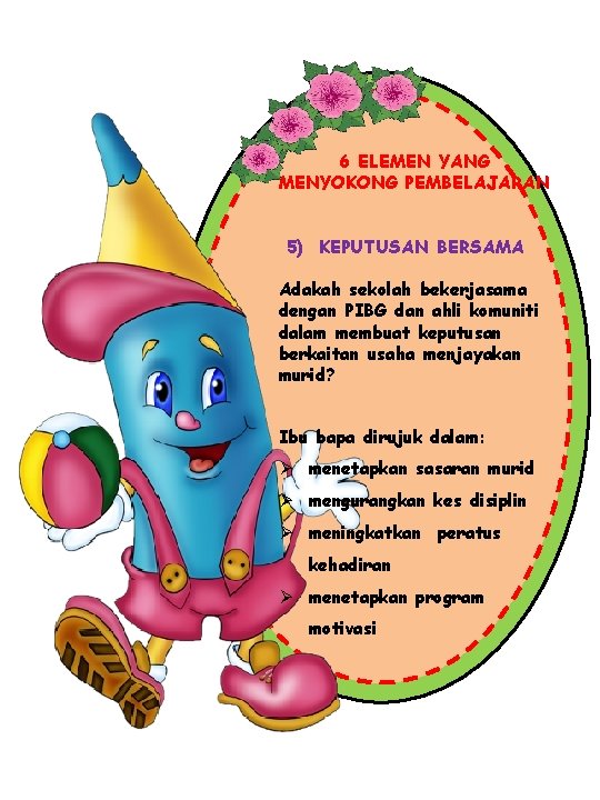 6 ELEMEN YANG MENYOKONG PEMBELAJARAN 5) KEPUTUSAN BERSAMA Adakah sekolah bekerjasama dengan PIBG dan