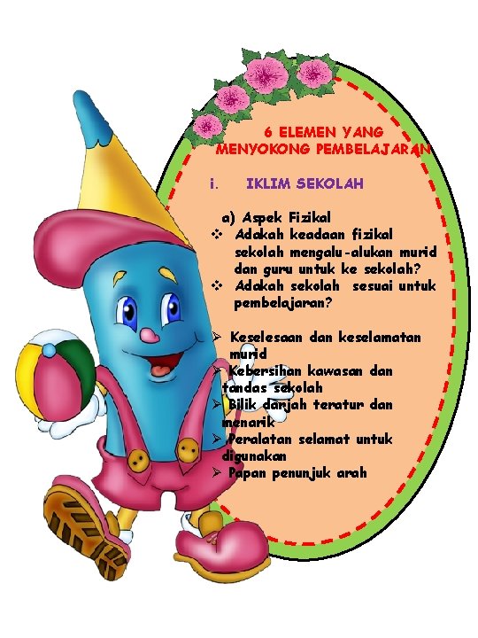 6 ELEMEN YANG MENYOKONG PEMBELAJARAN i. IKLIM SEKOLAH a) Aspek Fizikal v Adakah keadaan