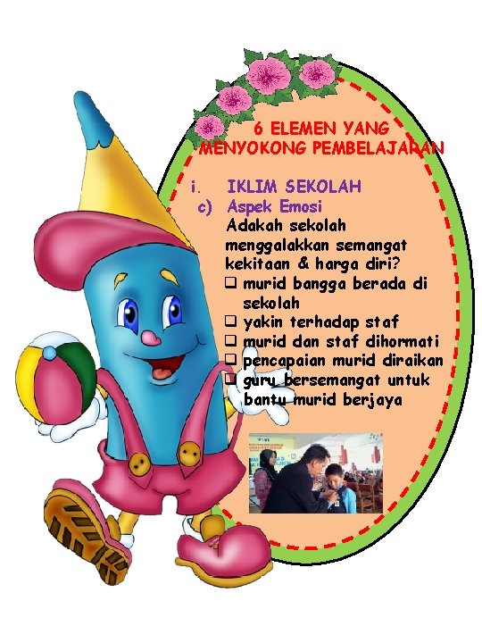 6 ELEMEN YANG MENYOKONG PEMBELAJARAN i. IKLIM SEKOLAH c) Aspek Emosi Adakah sekolah menggalakkan