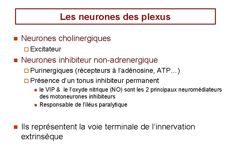 Les neurones des plexus n Neurones cholinergiques ¨ Excitateur n Neurones inhibiteur non-adrenergique ¨