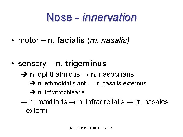 Nose - innervation • motor – n. facialis (m. nasalis) • sensory – n.