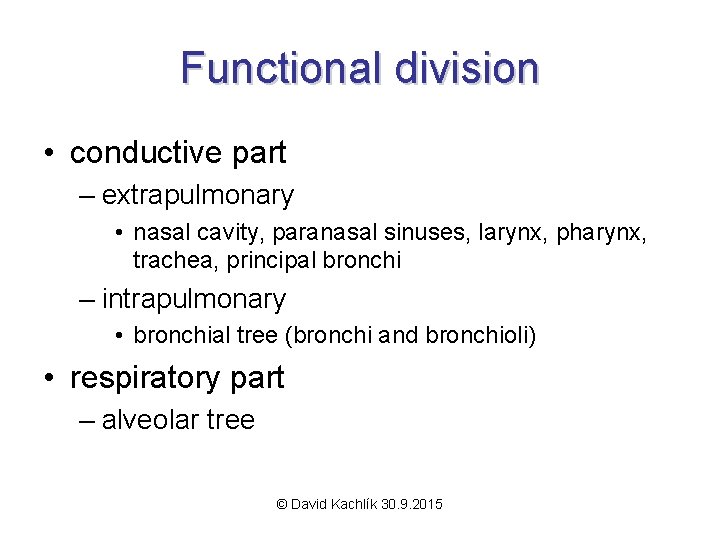 Functional division • conductive part – extrapulmonary • nasal cavity, paranasal sinuses, larynx, pharynx,