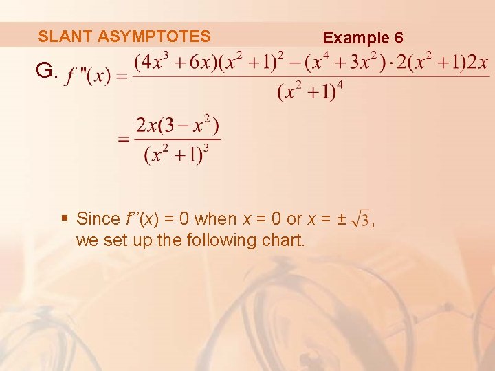 SLANT ASYMPTOTES Example 6 G. § Since f’’(x) = 0 when x = 0