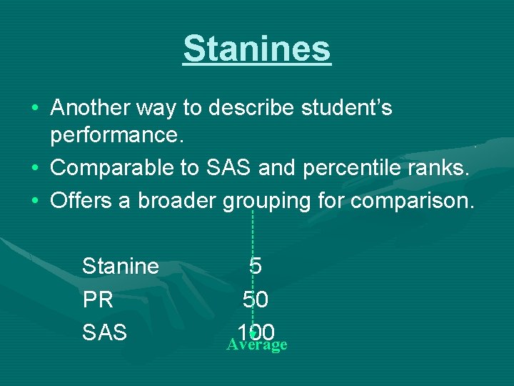 Stanines • Another way to describe student’s performance. • Comparable to SAS and percentile