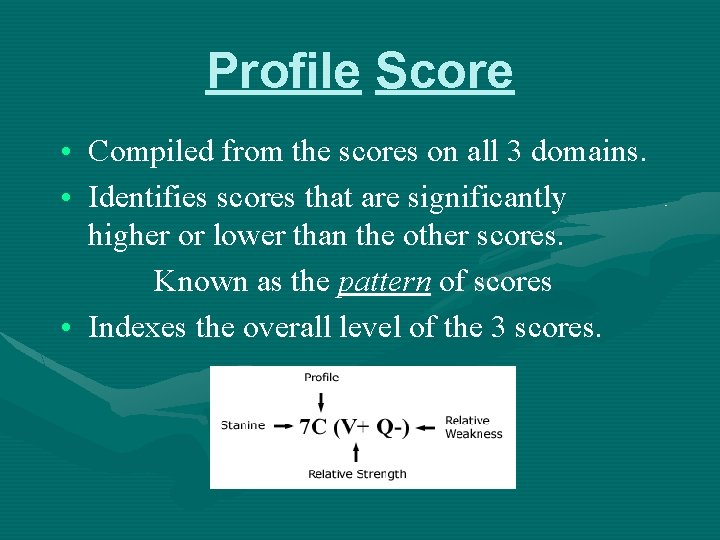 Profile Score • Compiled from the scores on all 3 domains. • Identifies scores