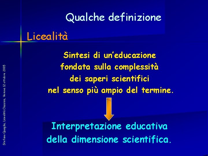 Qualche definizione Stefano Quaglia, Licealità Classica, Verona 12 ottobre 2005 Licealità Sintesi di un’educazione