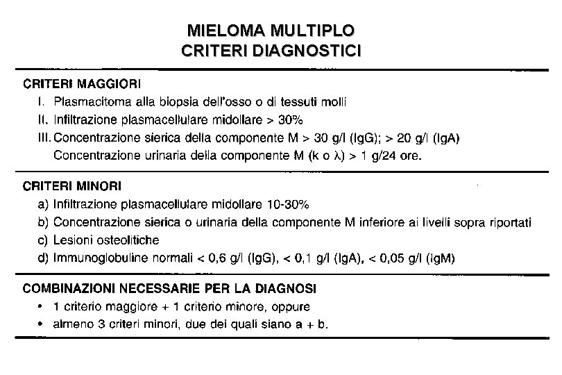 MIELOMA MULTIPLO CRITERI DIAGNOSTICI Ematologia - 4 -linfomi e mieloma 34 MIELOMA MULTIPLO CRITERI DIAGNOSTICI Ematologia - 4 -linfomi e mieloma 34