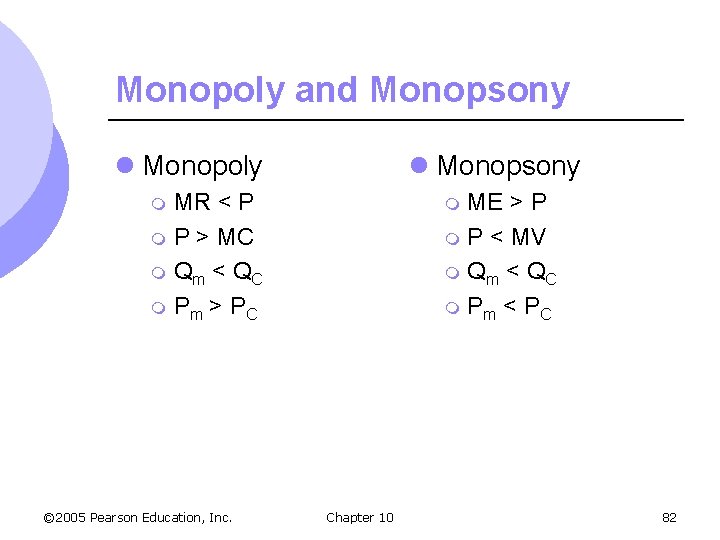 Monopoly and Monopsony l Monopoly l Monopsony MR < P m P > MC