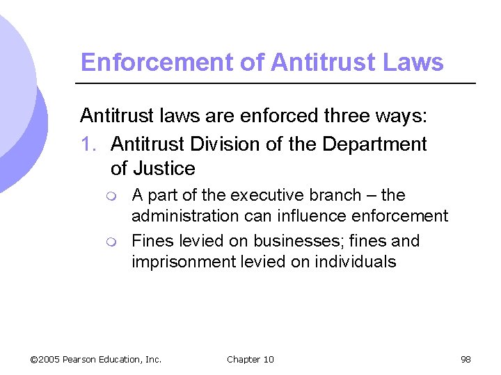 Enforcement of Antitrust Laws Antitrust laws are enforced three ways: 1. Antitrust Division of